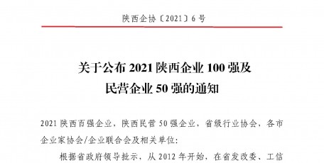 2021陕西100强企业、陕西民营50强企业及2012-2021连续十年入围陕西100强企业名单
